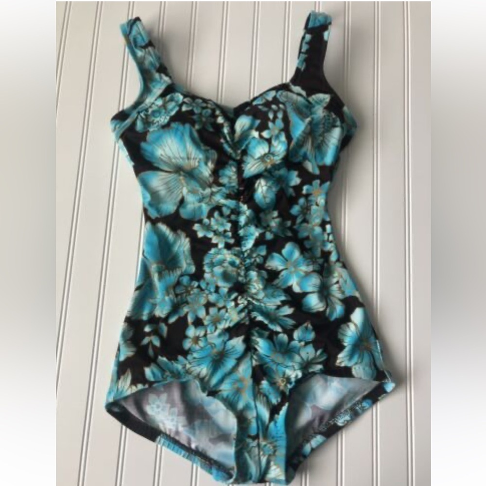 Maxine of Hollywood Blue Floral One Piece Swimsuit Retro Pinup Tummy Control 10 - Picture 3 of 7